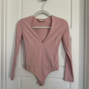 Fleur Du Mal Pink Long Sleeve Bodysuit Organic Cotton Plunge Size Small